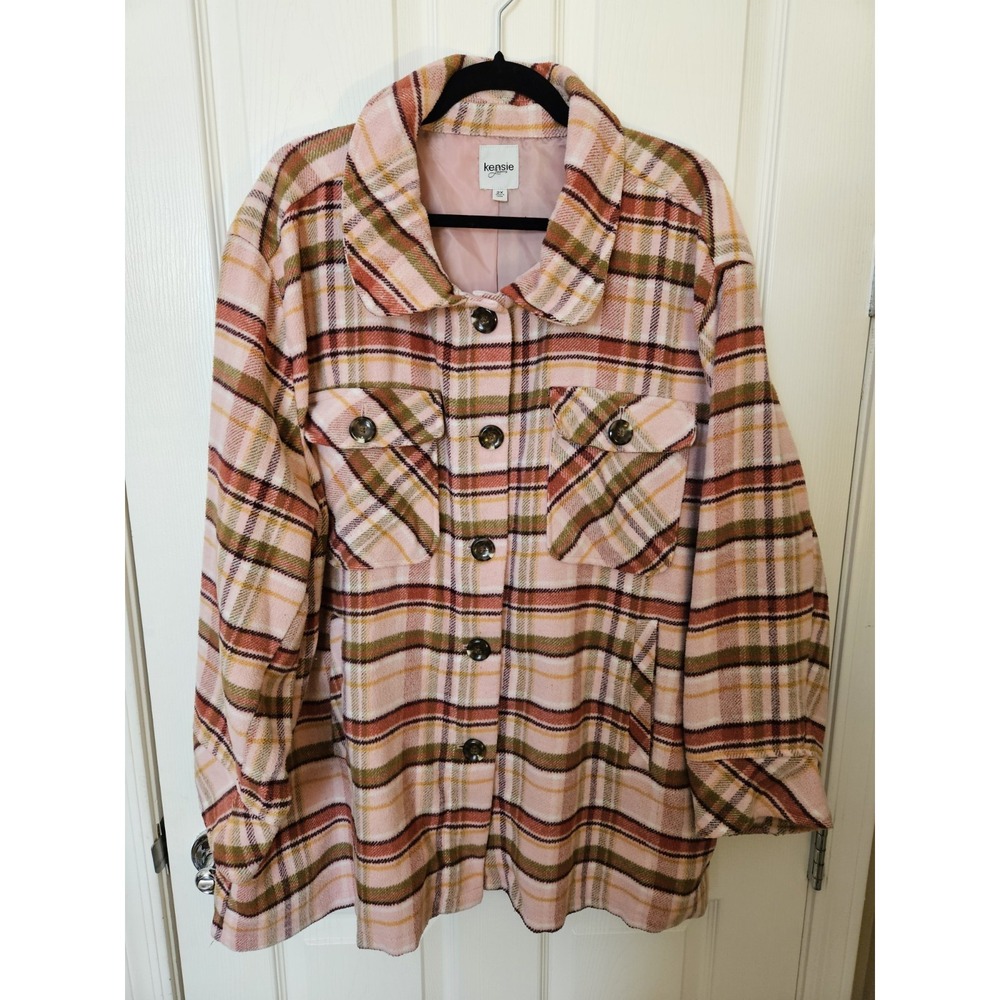 Kensie Jeans Plaid Button-Down Jacket Shacket Pockets Collared Neckline, Plus 2X